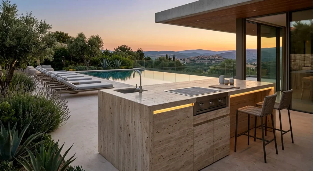 Monolithic modern outdoor travertine kitchen island with dramatic pool and ancient modern backdrop - 2026 Outdoor Design Trends