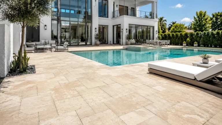 Luxury swimming pool deck with natural stone outdoor pavers showing a modern residential poolside space designed for heat, water, and barefoot traffic.