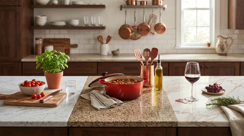 Marble, granite, and quartzite countertops side-by-side on a kitchen island, showing preparation details with a hot pot, knife, and spilled wine.