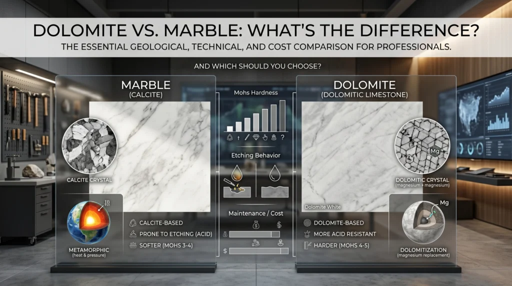 Dolomite vs. marble comparison showing geological, technical, hardness, etching, maintenance, and cost differences between dolomitic limestone and calcite-based marble.