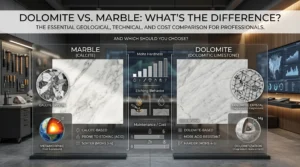 Dolomite vs. marble comparison showing geological, technical, hardness, etching, maintenance, and cost differences between dolomitic limestone and calcite-based marble.