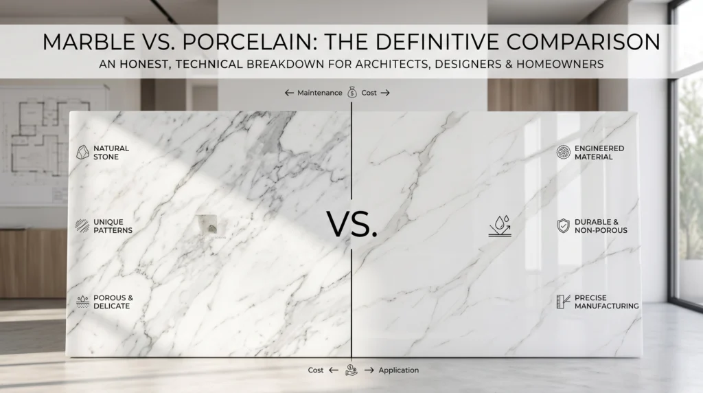Marble vs. porcelain comparison showing natural stone and engineered material differences for architects, designers, and homeowners.