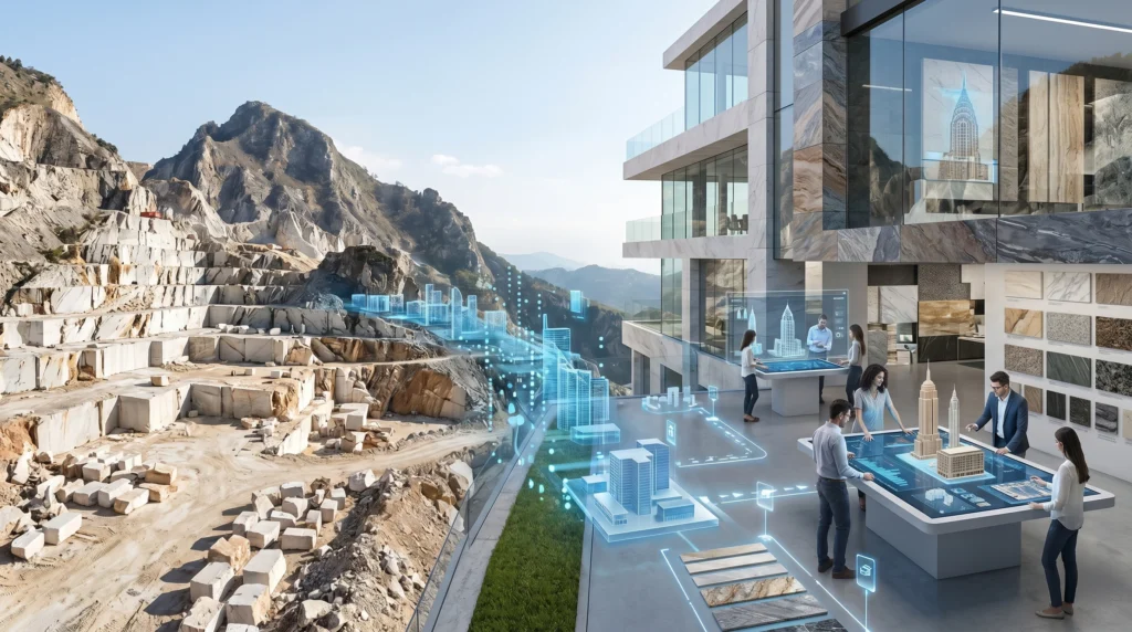 Professionals using digital interfaces to analyze natural stone specification data and quarry intelligence.