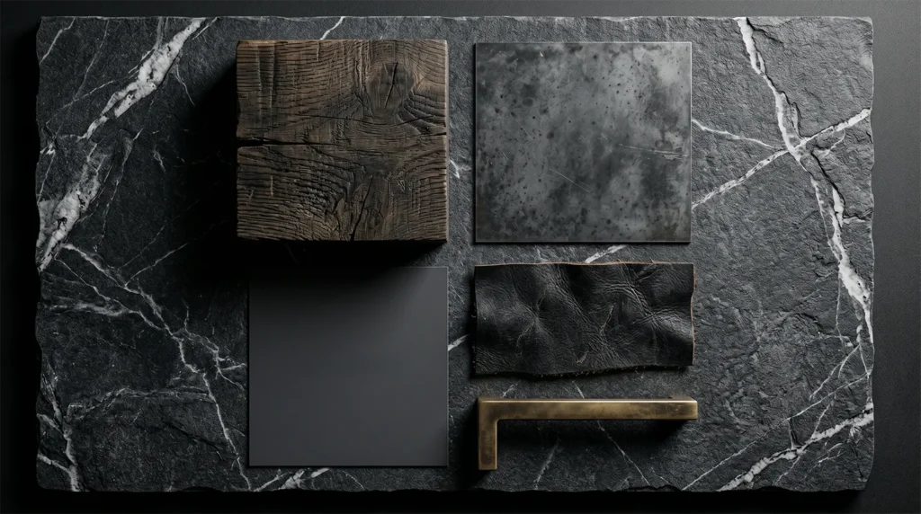 Architectural material mood board featuring leathered black tempest quartzite, raw smoked oak, and patinated gunmetal for a minimalist dark kitchen design.