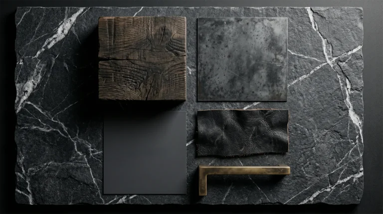 Architectural material mood board featuring leathered black tempest quartzite, raw smoked oak, and patinated gunmetal for a minimalist dark kitchen design.