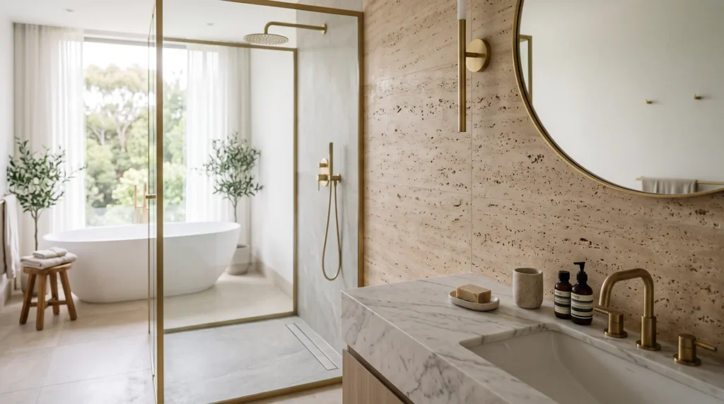 Natural stone bathroom guide showing marble, quartzite, and travertine surfaces in a shower and vanity setting
