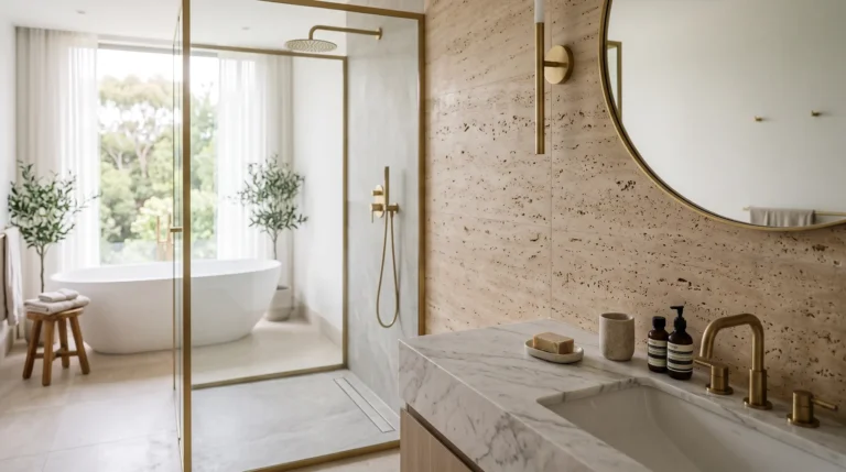 Natural stone bathroom guide showing marble, quartzite, and travertine surfaces in a shower and vanity setting