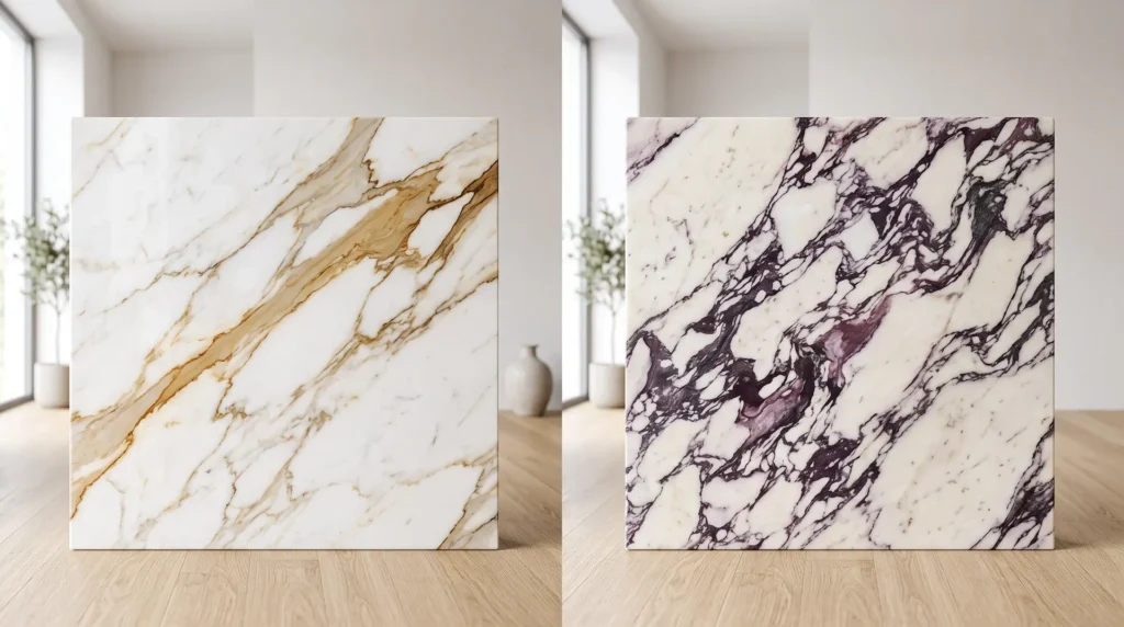 Calacatta Gold vs. Calacatta Viola marble comparison showing warm gold veining versus rare violet-toned veining