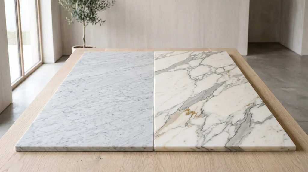 Calacatta vs. Carrara marble comparison showing background tone, veining, and price differences between two Italian marbles from the Apuan Alps