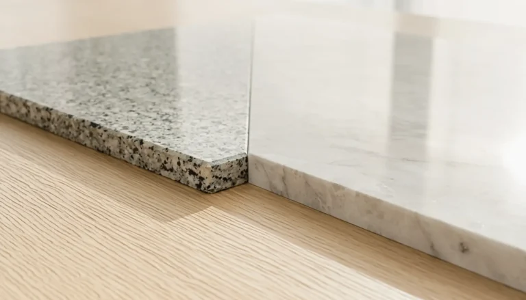 Granite vs. quartzite comparison showing granular speckled granite next to veined marble-like quartzite