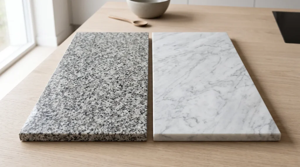 Granite vs. quartzite comparison showing granular speckled granite next to veined marble-like quartzite