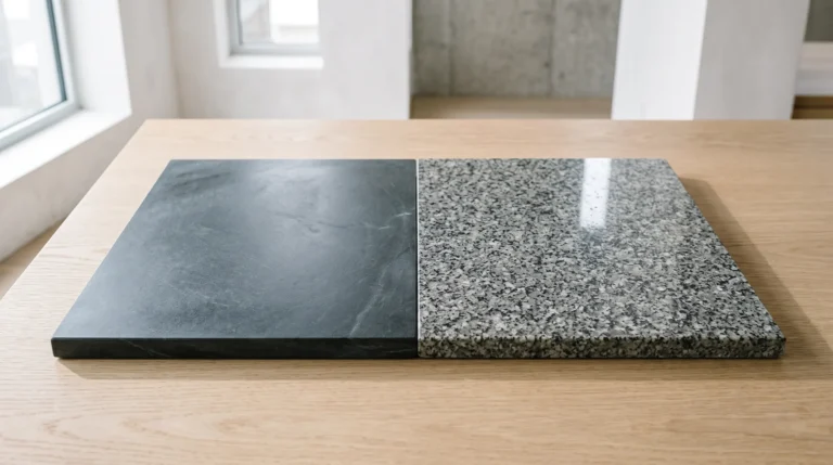 Soapstone vs. granite comparison showing soft matte grey soapstone next to hard speckled granite