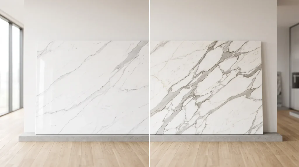 Statuario vs. Calacatta marble comparison showing background purity, veining style, and price differences between two premium Italian white marbles