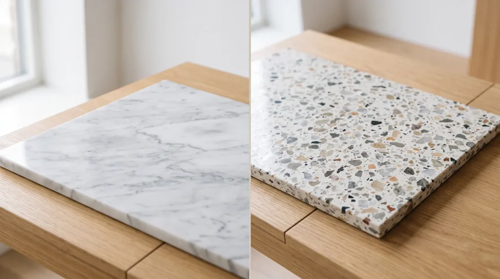 Terrazzo vs. marble comparison showing natural marble slab veining next to a composite terrazzo surface with stone chips