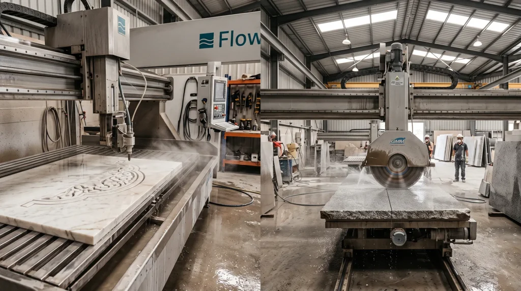 CNC waterjet cutting a curved stone inlay beside a bridge saw making a straight cut through a stone slab in a fabrication shop