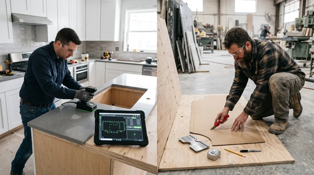 Split image comparing a laser digital templating device scanning a kitchen counter with a fabricator hand-cutting a manual cardboard template