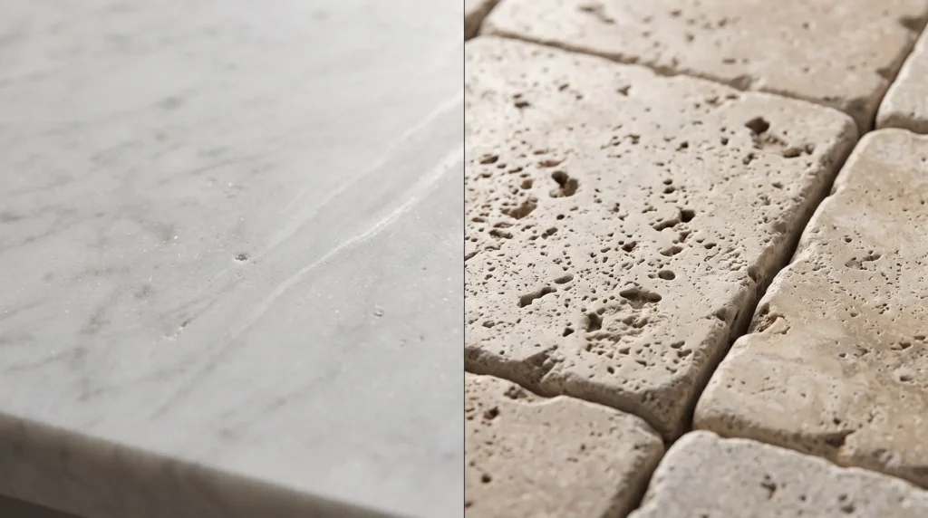 Split image comparing a smooth matte honed stone surface with a textured, rounded-edge tumbled stone surface