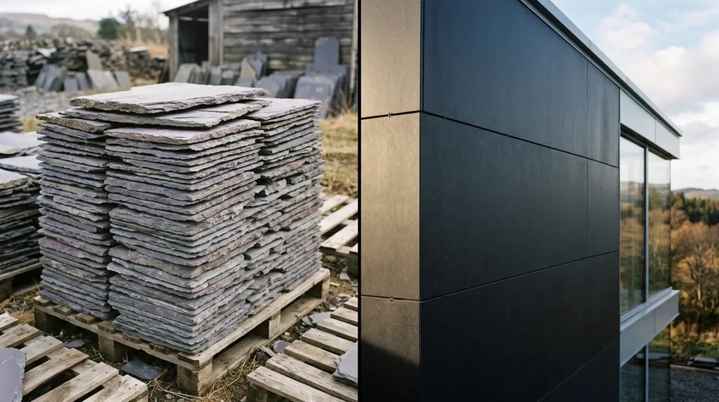 Split image comparing natural riven slate roofing tiles with a smooth uniform basalt facade panel