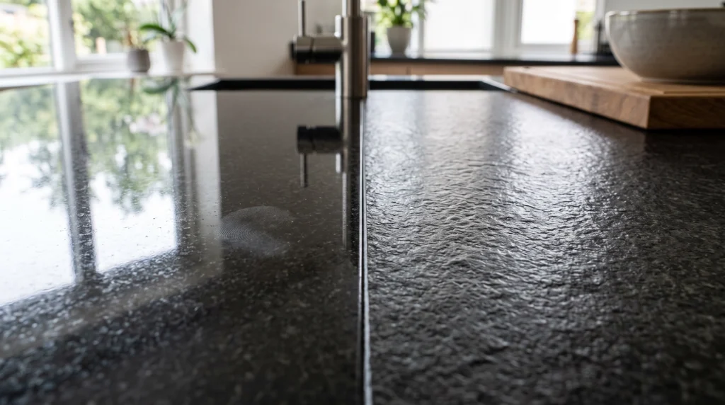 Split image comparing a glossy mirror-polished granite surface with a soft textured leathered granite surface