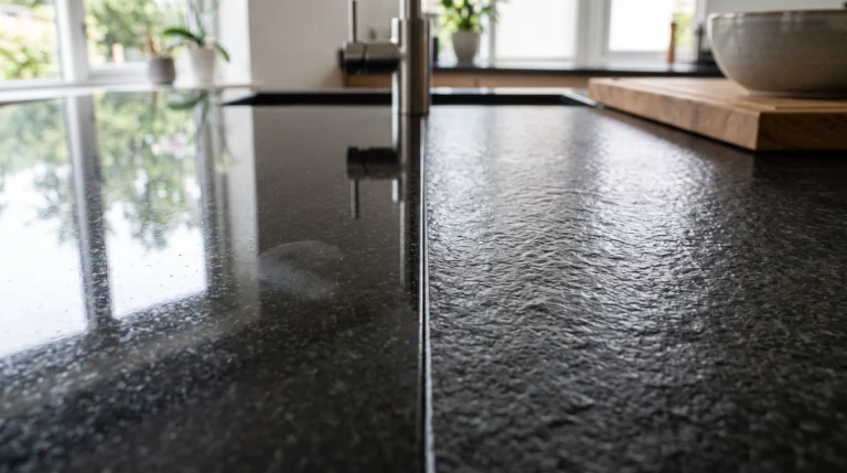 Split image comparing a glossy mirror-polished granite surface with a soft textured leathered granite surface