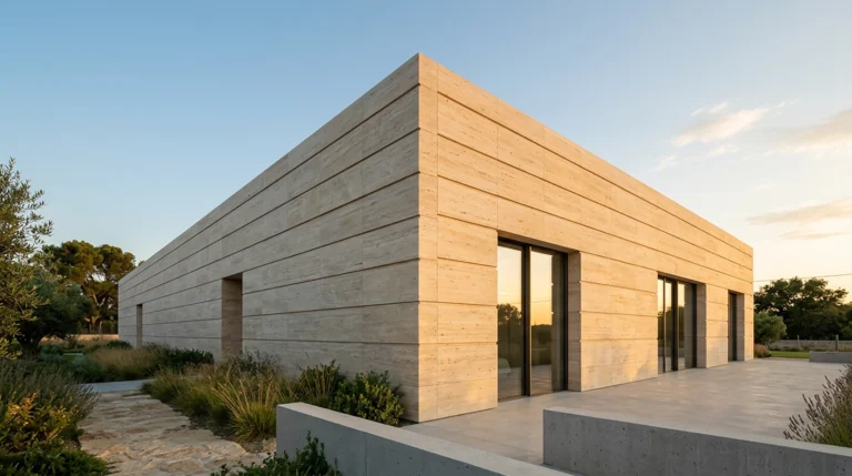 Minimalist building facade clad in warm honey-toned travertine panels with horizontal banding at golden hour